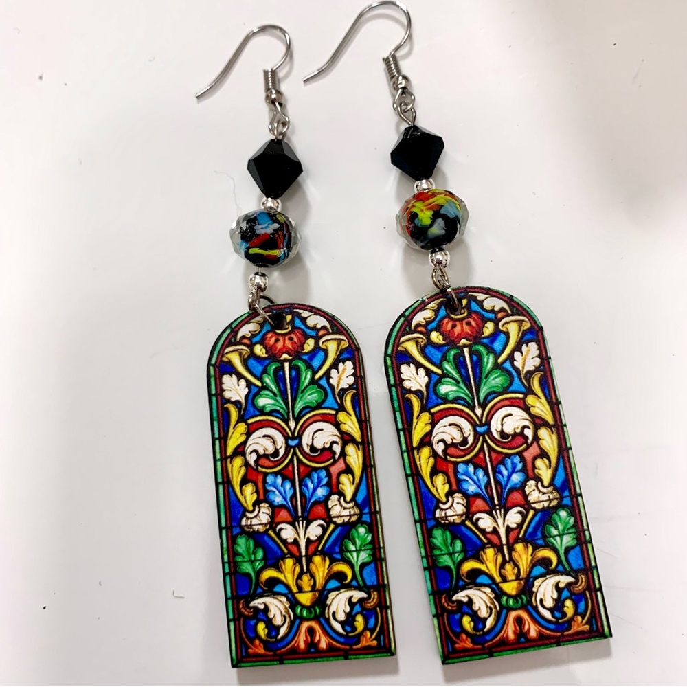 Chapel Window Wood & Czech Glass Earrings - Picture 1 of 2